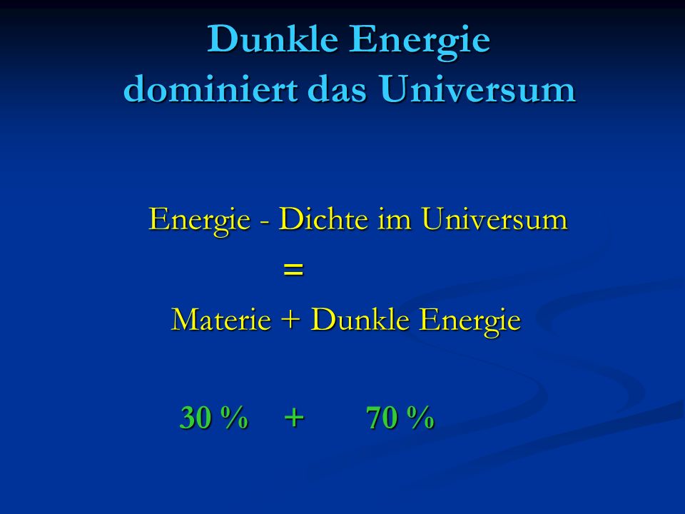 Dunkle Energie dominiert das Universum Energie - Dichte im Universum Energie - Dichte im Universum = Materie + Dunkle Energie Materie + Dunkle Energie 30 % + 70 % 30 % + 70 %
