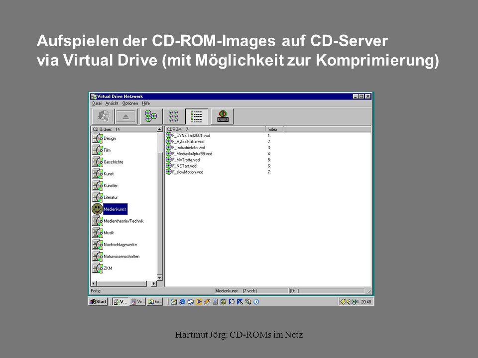 Hartmut Jörg: CD-ROMs im Netz Aufspielen der CD-ROM-Images auf CD-Server via Virtual Drive (mit Möglichkeit zur Komprimierung)
