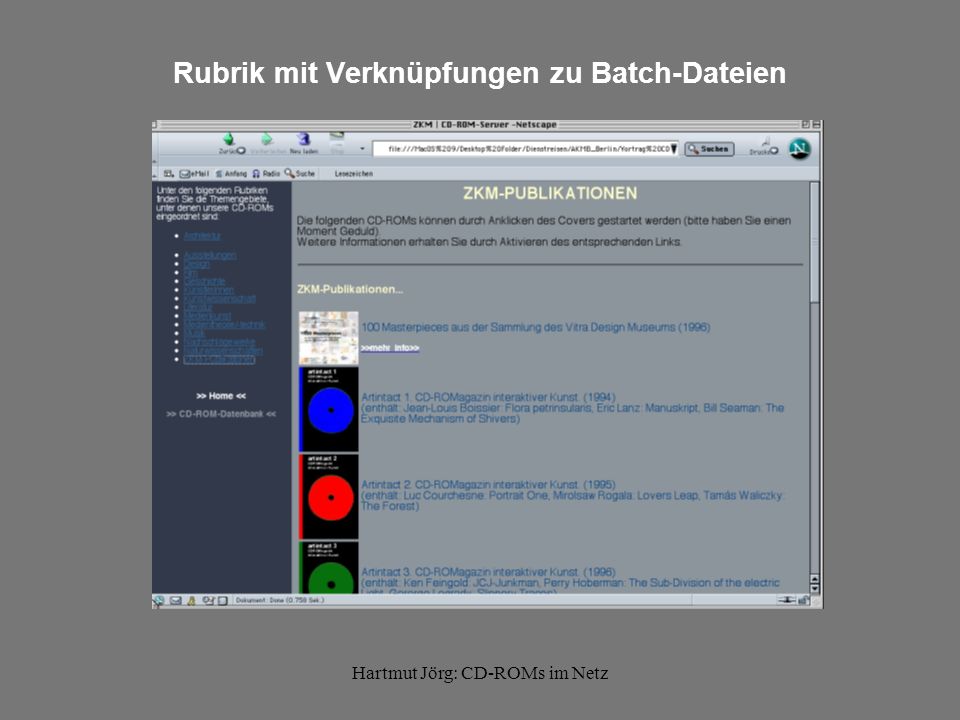 Hartmut Jörg: CD-ROMs im Netz Rubrik mit Verknüpfungen zu Batch-Dateien