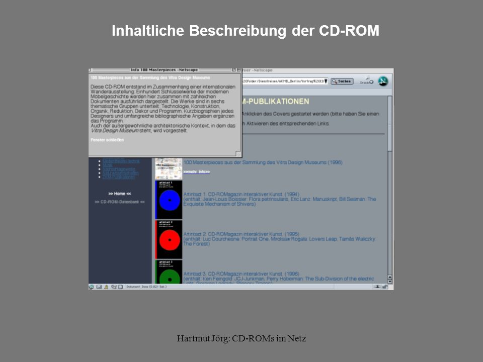 Hartmut Jörg: CD-ROMs im Netz Inhaltliche Beschreibung der CD-ROM