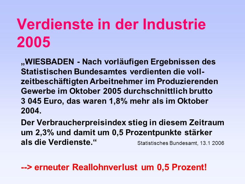Verdienste in der Industrie 2005 WIESBADEN - Nach vorläufigen Ergebnissen des Statistischen Bundesamtes verdienten die voll- zeitbeschäftigten Arbeitnehmer im Produzierenden Gewerbe im Oktober 2005 durchschnittlich brutto Euro, das waren 1,8% mehr als im Oktober 2004.