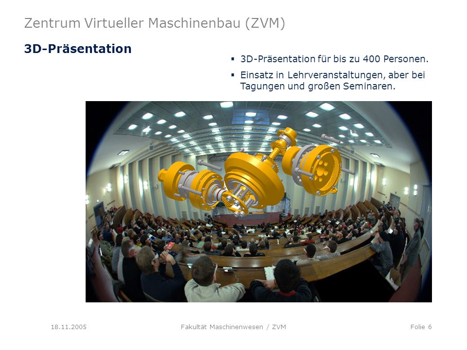 Zentrum Virtueller Maschinenbau (ZVM) Fakultät Maschinenwesen / ZVMFolie 6 3D-Präsentation 3D-Präsentation für bis zu 400 Personen.