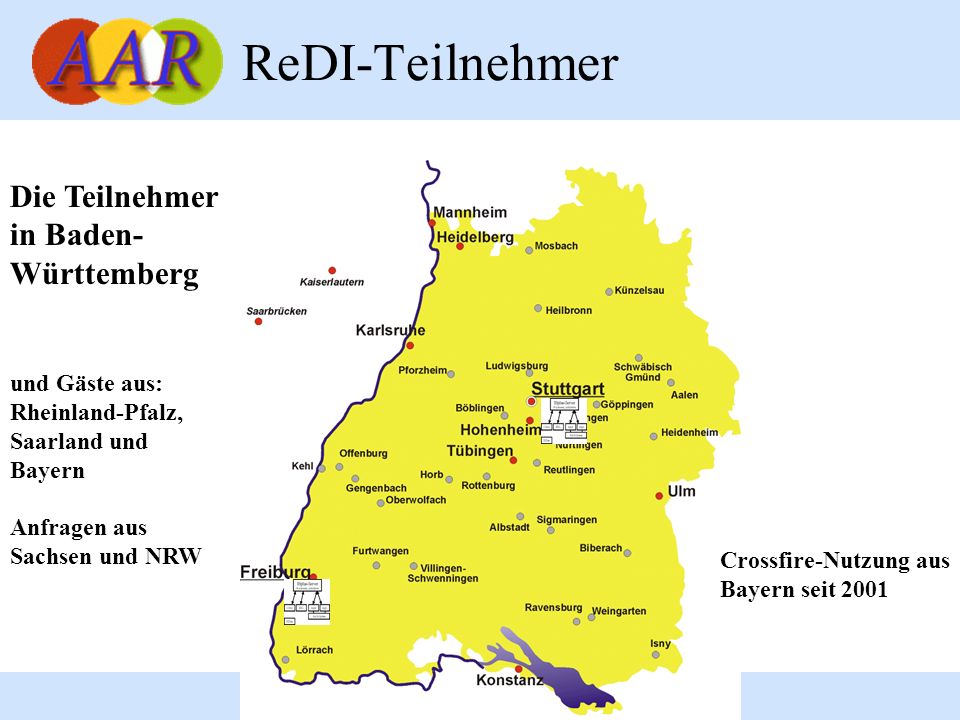 4 ReDI-Teilnehmer Die Teilnehmer in Baden- Württemberg und Gäste aus: Rheinland-Pfalz, Saarland und Bayern Anfragen aus Sachsen und NRW Crossfire-Nutzung aus Bayern seit 2001