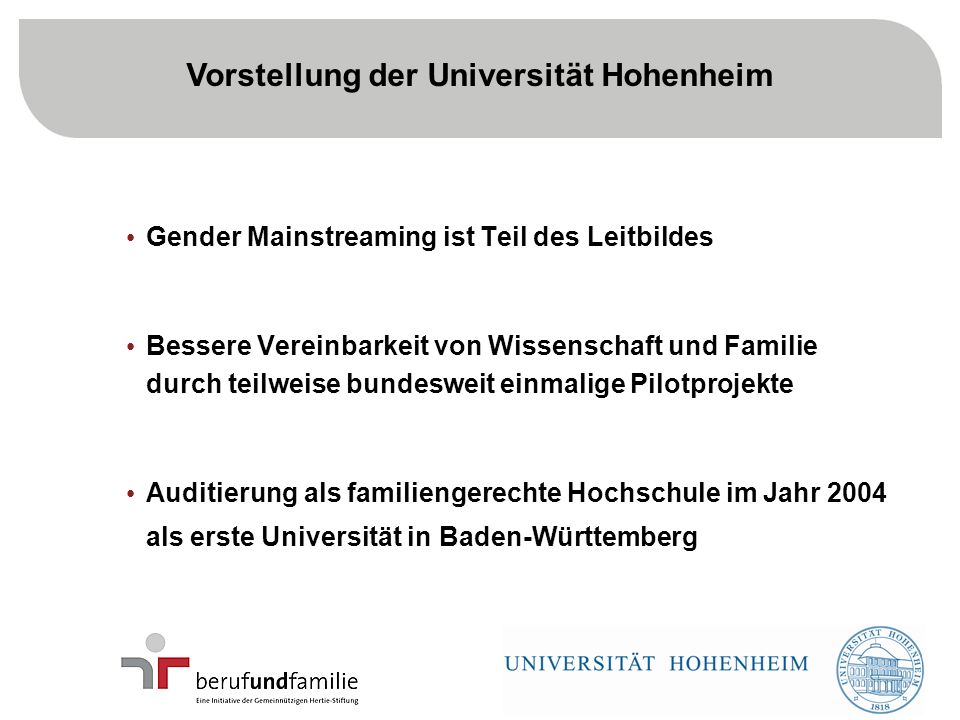 5 Gender Mainstreaming ist Teil des Leitbildes Bessere Vereinbarkeit von Wissenschaft und Familie durch teilweise bundesweit einmalige Pilotprojekte Auditierung als familiengerechte Hochschule im Jahr 2004 als erste Universität in Baden-Württemberg Vorstellung der Universität Hohenheim