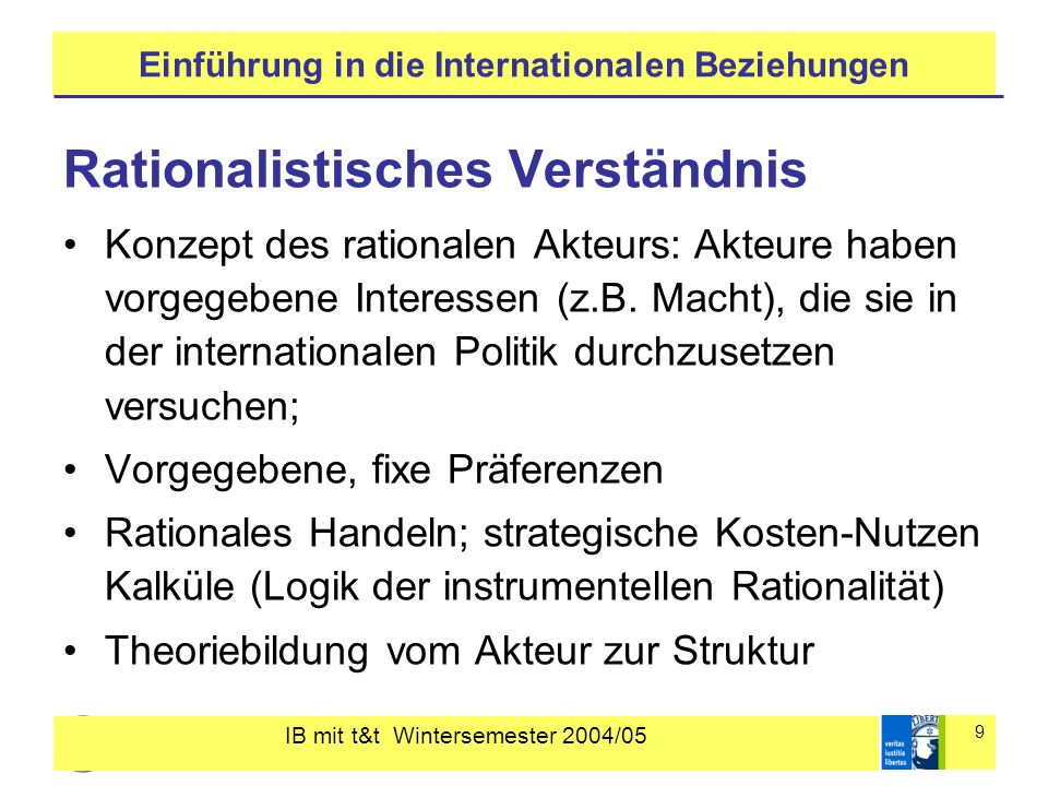 IB mit t&t Wintersemester 2004/05 9 Einführung in die Internationalen Beziehungen Rationalistisches Verständnis Konzept des rationalen Akteurs: Akteure haben vorgegebene Interessen (z.B.