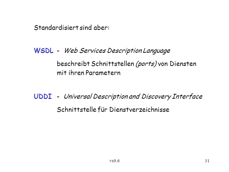 vs9.631 Standardisiert sind aber: WSDL - Web Services Description Language beschreibt Schnittstellen (ports) von Diensten mit ihren Parametern UDDI - Universal Description and Discovery Interface Schnittstelle für Dienstverzeichnisse