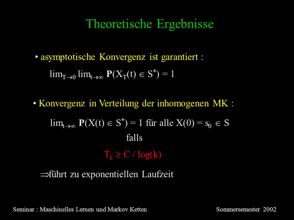 Theoretische Ergebnisse Seminar : Maschinelles Lernen und Markov KettenSommersemester 2002 asymptotische Konvergenz ist garantiert : lim T 0 lim t P(X T (t) S * ) = 1 Konvergenz in Verteilung der inhomogenen MK : T k C / log(k) führt zu exponentiellen Laufzeit falls lim t P(X(t) S * ) = 1 für alle X(0) = s 0 S