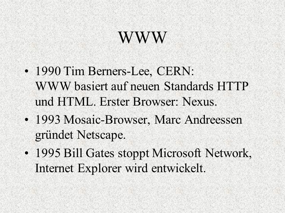 WWW 1990 Tim Berners-Lee, CERN: WWW basiert auf neuen Standards HTTP und HTML.