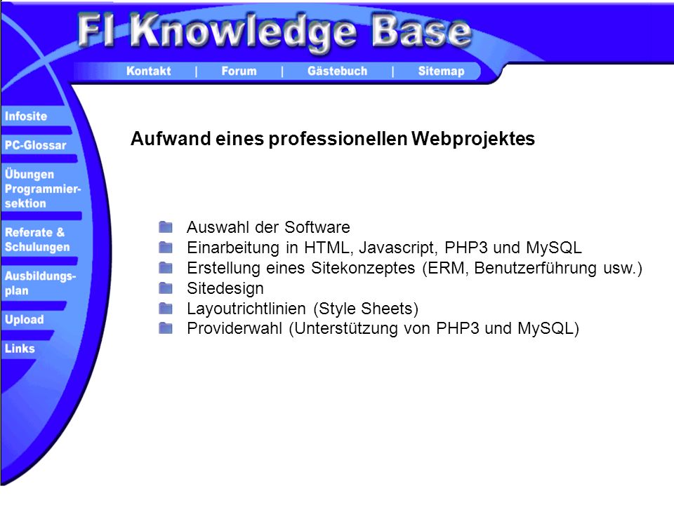 Aufwand eines professionellen Webprojektes Auswahl der Software Einarbeitung in HTML, Javascript, PHP3 und MySQL Erstellung eines Sitekonzeptes (ERM, Benutzerführung usw.) Sitedesign Layoutrichtlinien (Style Sheets) Providerwahl (Unterstützung von PHP3 und MySQL)