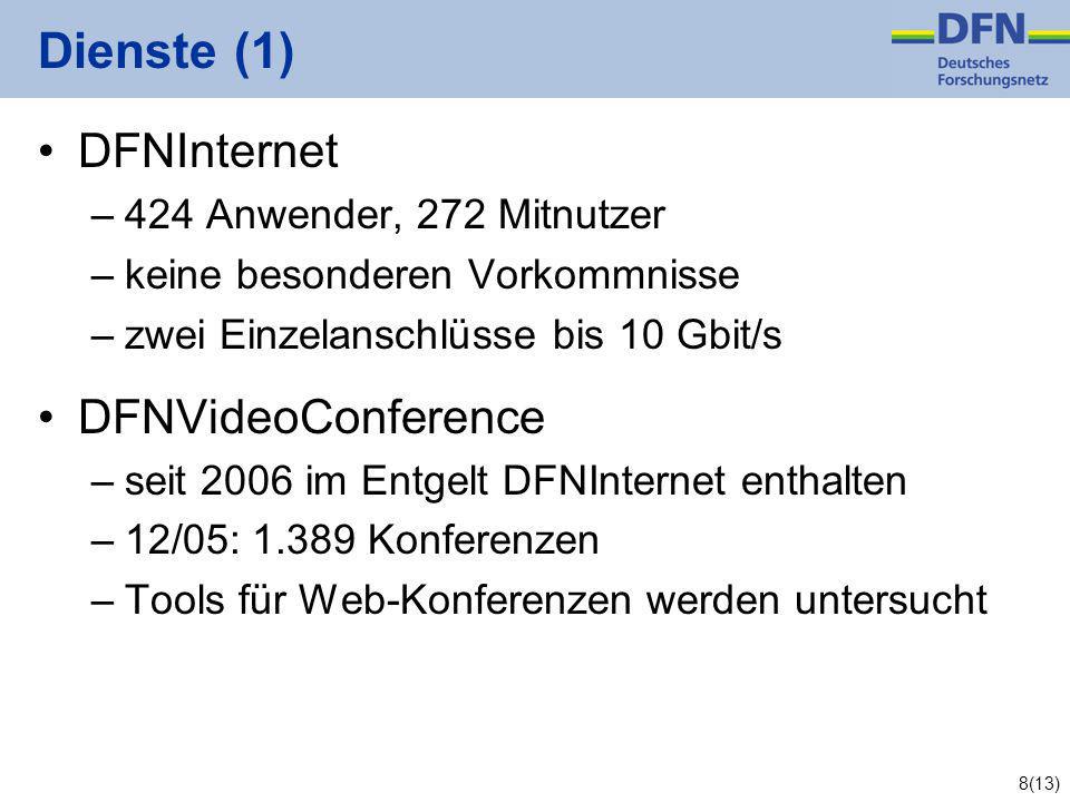 8(13) Dienste (1) DFNInternet –424 Anwender, 272 Mitnutzer –keine besonderen Vorkommnisse –zwei Einzelanschlüsse bis 10 Gbit/s DFNVideoConference –seit 2006 im Entgelt DFNInternet enthalten –12/05: Konferenzen –Tools für Web-Konferenzen werden untersucht