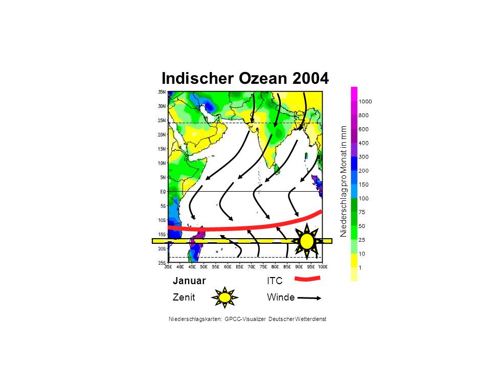 Indischer Ozean 2004 Januar WindeZenit ITC Niederschlag pro Monat in mm Niederschlagskarten: GPCC-Visualizer Deutscher Wetterdienst