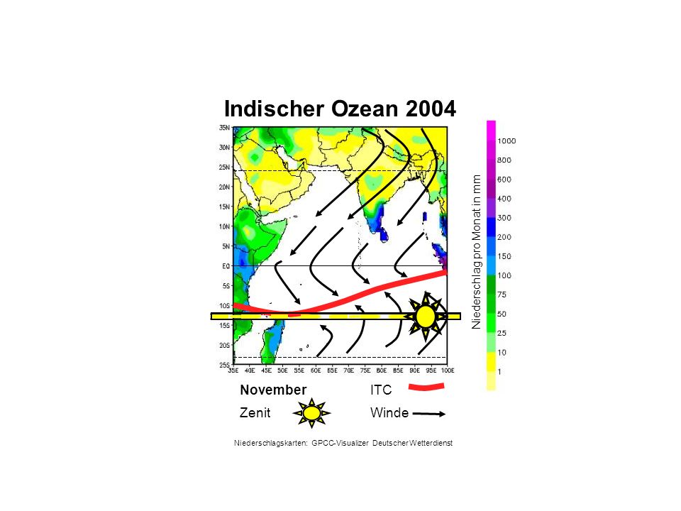 Niederschlag pro Monat in mm November WindeZenit ITC Indischer Ozean 2004 Niederschlagskarten: GPCC-Visualizer Deutscher Wetterdienst