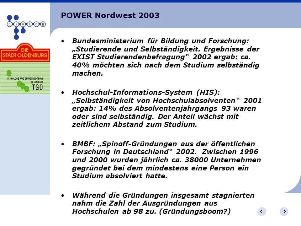 POWER Nordwest 2003 Bundesministerium für Bildung und Forschung: Studierende und Selbständigkeit.