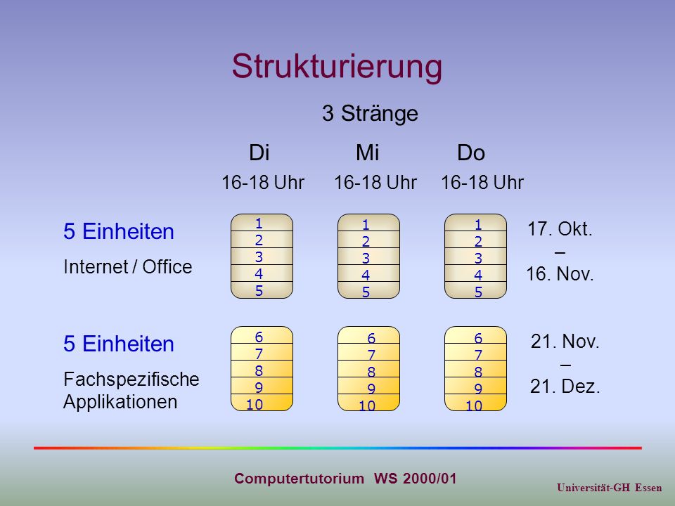 Universität-GH Essen Computertutorium WS 2000/01 Strukturierung 5 Einheiten Internet / Office 5 Einheiten Fachspezifische Applikationen DiMiDo 17.