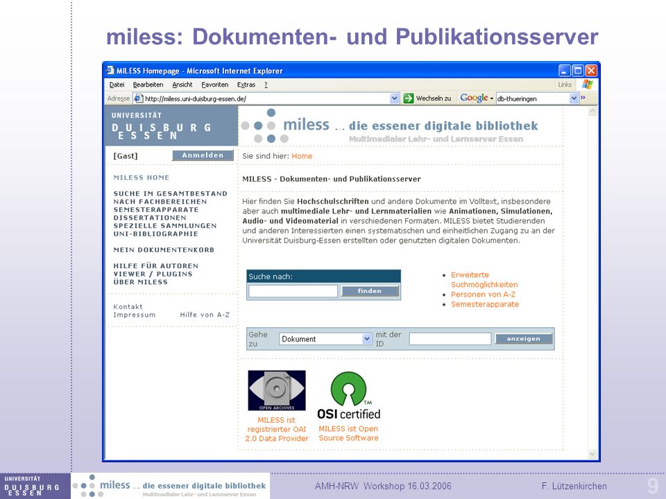 AMH-NRW Workshop F. Lützenkirchen 9 miless: Dokumenten- und Publikationsserver