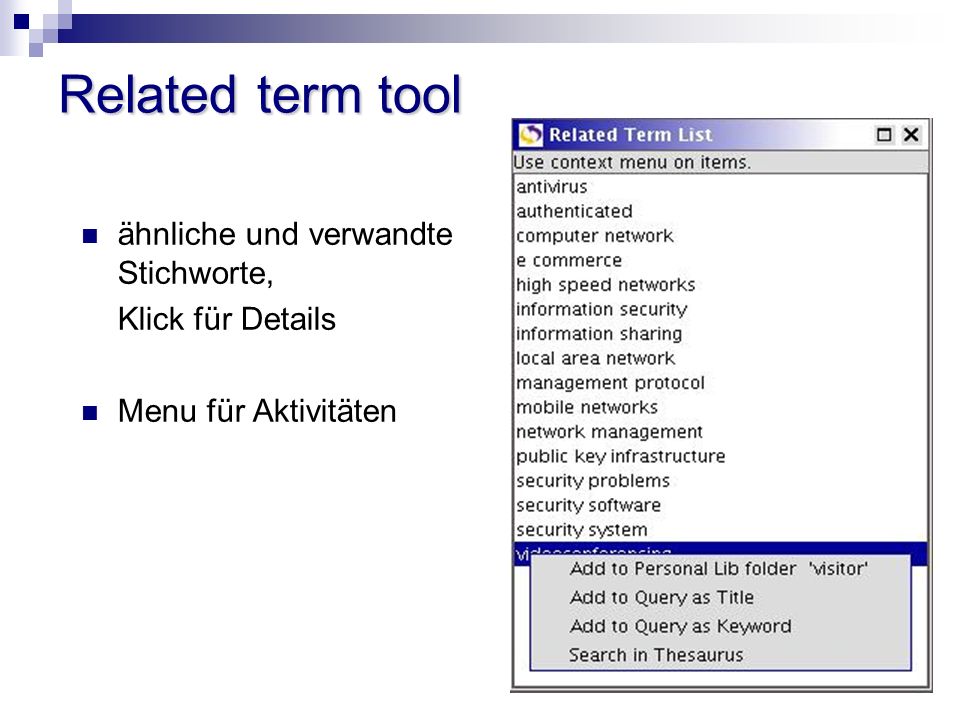 Related term tool ähnliche und verwandte Stichworte, Klick für Details Menu für Aktivitäten