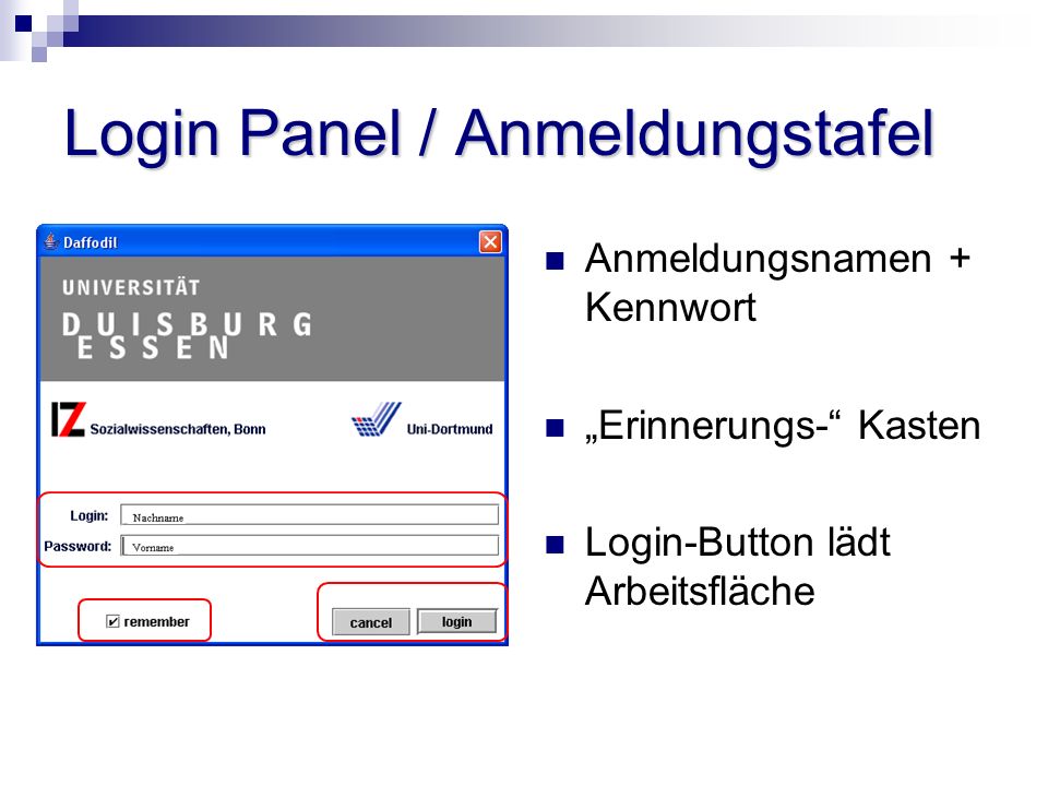Login Panel / Anmeldungstafel Anmeldungsnamen + Kennwort Erinnerungs- Kasten Login-Button lädt Arbeitsfläche
