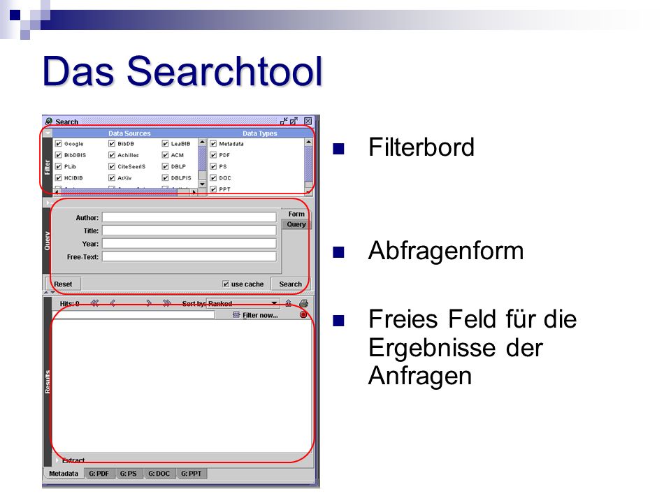 Das Searchtool Filterbord Abfragenform Freies Feld für die Ergebnisse der Anfragen
