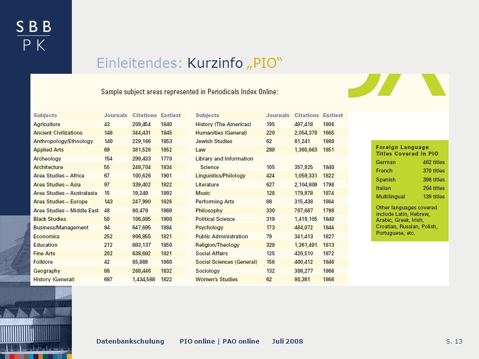 Datenbankschulung PIO online | PAO online Juli 2008S. 13 Einleitendes: Kurzinfo PIO