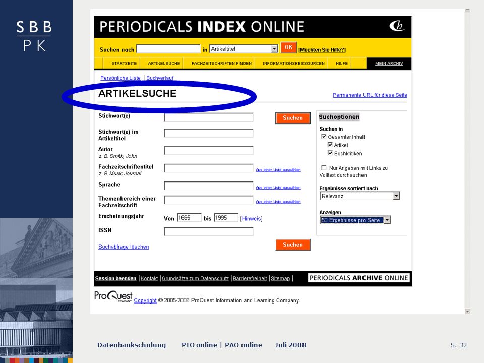 Datenbankschulung PIO online | PAO online Juli 2008S Article Search