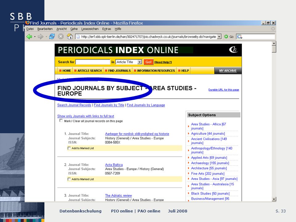 Datenbankschulung PIO online | PAO online Juli 2008S Find Journals