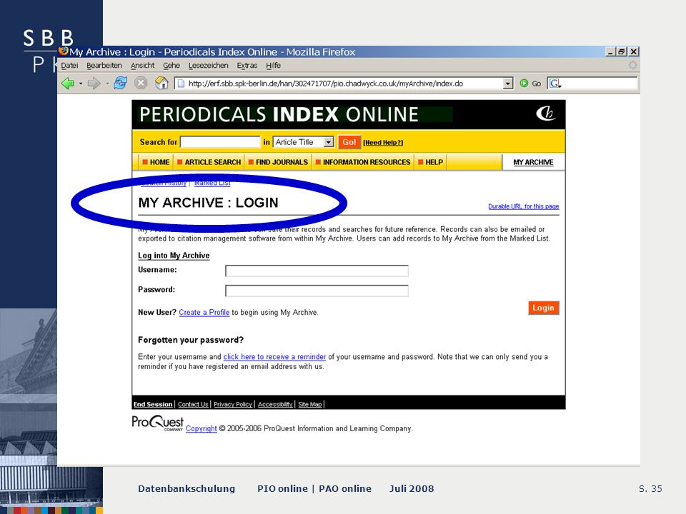 Datenbankschulung PIO online | PAO online Juli 2008S My Archive
