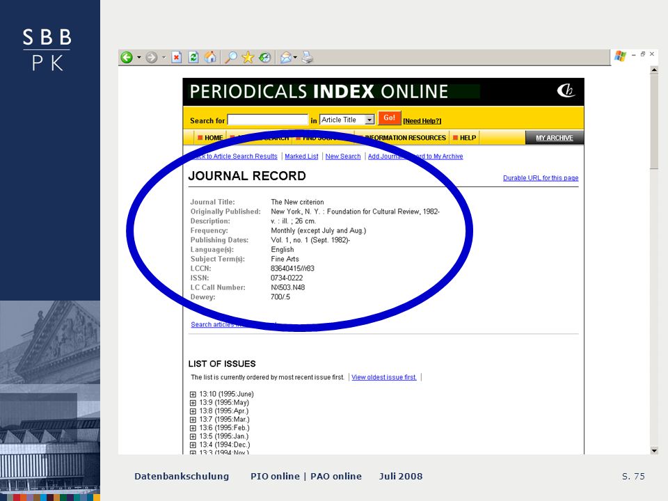 Datenbankschulung PIO online | PAO online Juli 2008S Journal Record