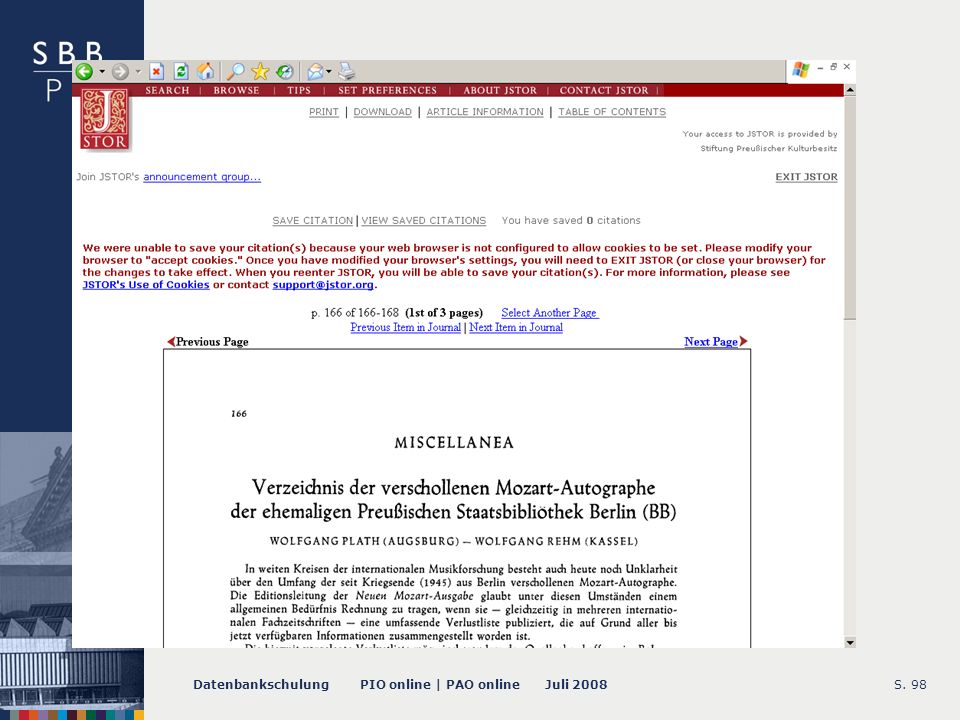 Datenbankschulung PIO online | PAO online Juli 2008S Volltext
