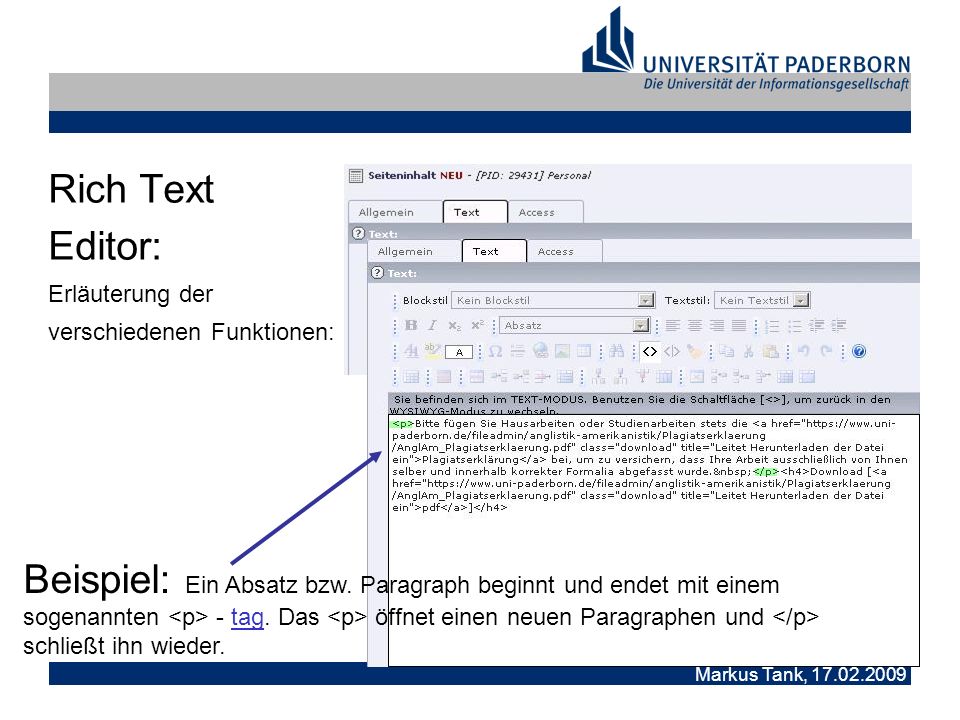 Markus Tank, Rich Text Editor: Erläuterung der verschiedenen Funktionen: Beispiel: Ein Absatz bzw.