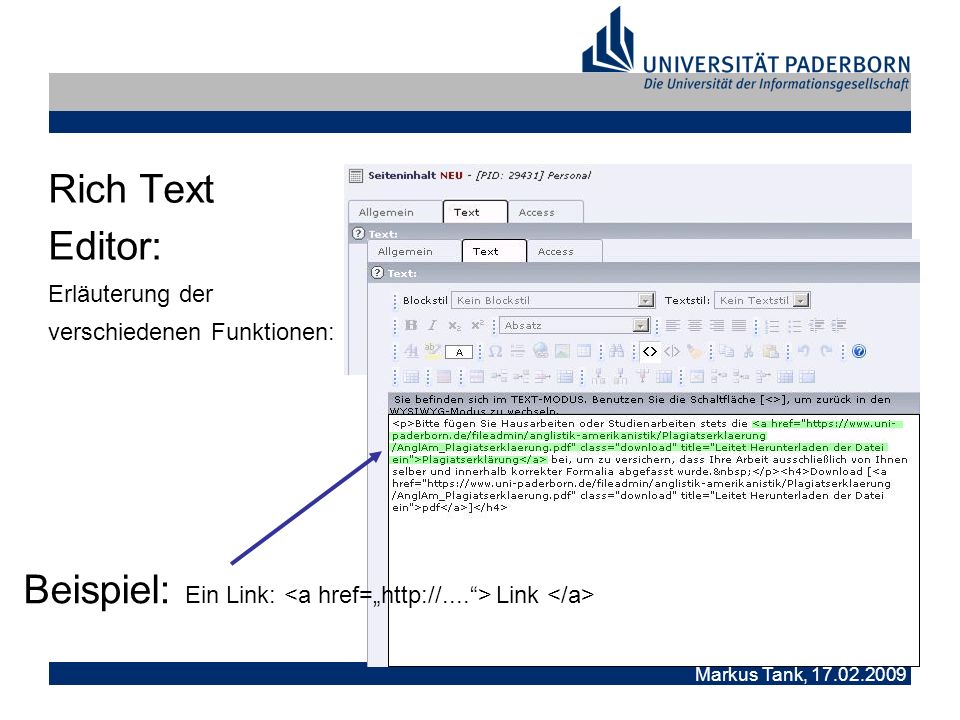 Markus Tank, Rich Text Editor: Erläuterung der verschiedenen Funktionen: Beispiel: Ein Link: Link
