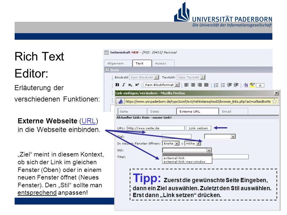 Markus Tank, Rich Text Editor: Erläuterung der verschiedenen Funktionen: Externe Webseite (URL) in die Webseite einbinden.URL Ziel meint in diesem Kontext, ob sich der Link im gleichen Fenster (Oben) oder in einem neuen Fenster öffnet (Neues Fenster).