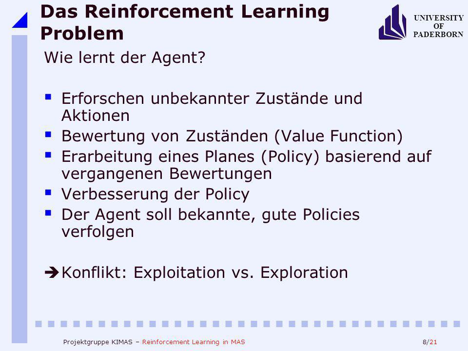 8/21 UNIVERSITY OF PADERBORN Projektgruppe KIMAS – Reinforcement Learning in MAS Das Reinforcement Learning Problem Wie lernt der Agent.