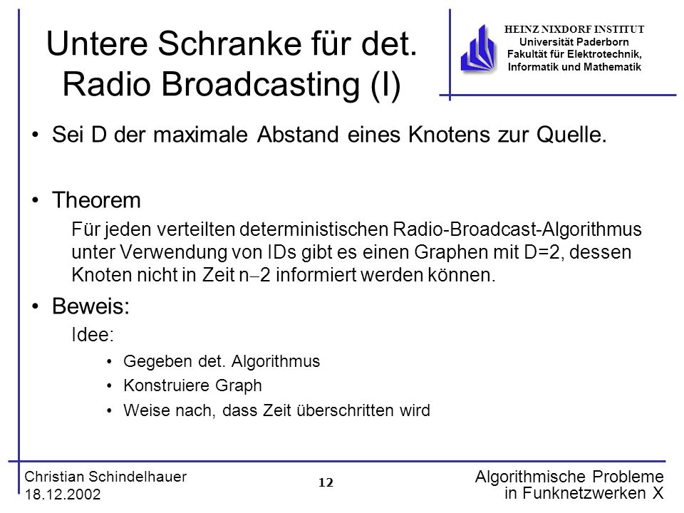 12 Christian Schindelhauer HEINZ NIXDORF INSTITUT Universität Paderborn Fakultät für Elektrotechnik, Informatik und Mathematik Algorithmische Probleme in Funknetzwerken X Untere Schranke für det.