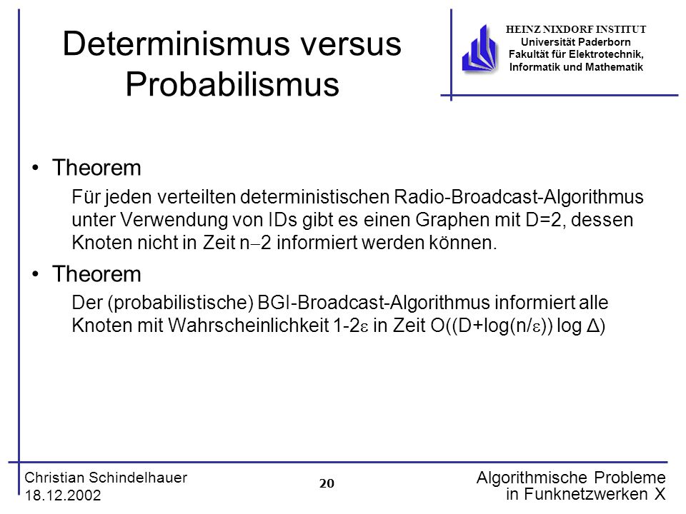 20 Christian Schindelhauer HEINZ NIXDORF INSTITUT Universität Paderborn Fakultät für Elektrotechnik, Informatik und Mathematik Algorithmische Probleme in Funknetzwerken X Determinismus versus Probabilismus Theorem Für jeden verteilten deterministischen Radio-Broadcast-Algorithmus unter Verwendung von IDs gibt es einen Graphen mit D=2, dessen Knoten nicht in Zeit n 2 informiert werden können.