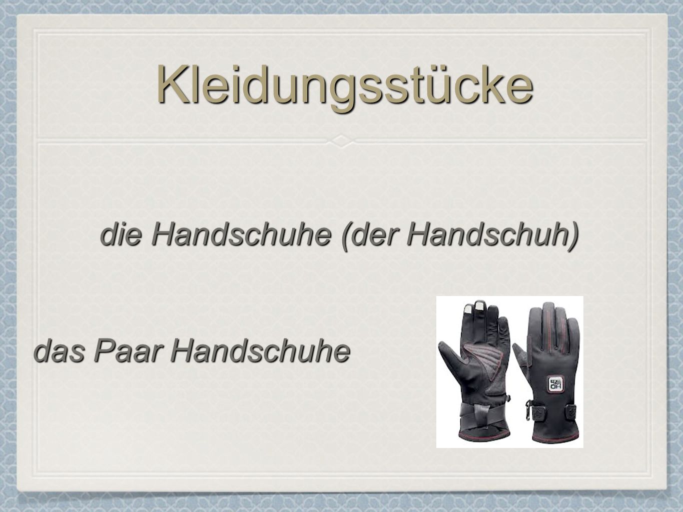 KleidungsstückeKleidungsstücke die Handschuhe (der Handschuh) das Paar Handschuhe