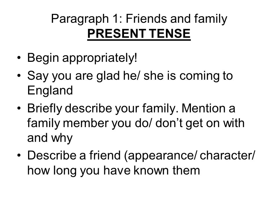 Paragraph 1: Friends and family PRESENT TENSE Begin appropriately.