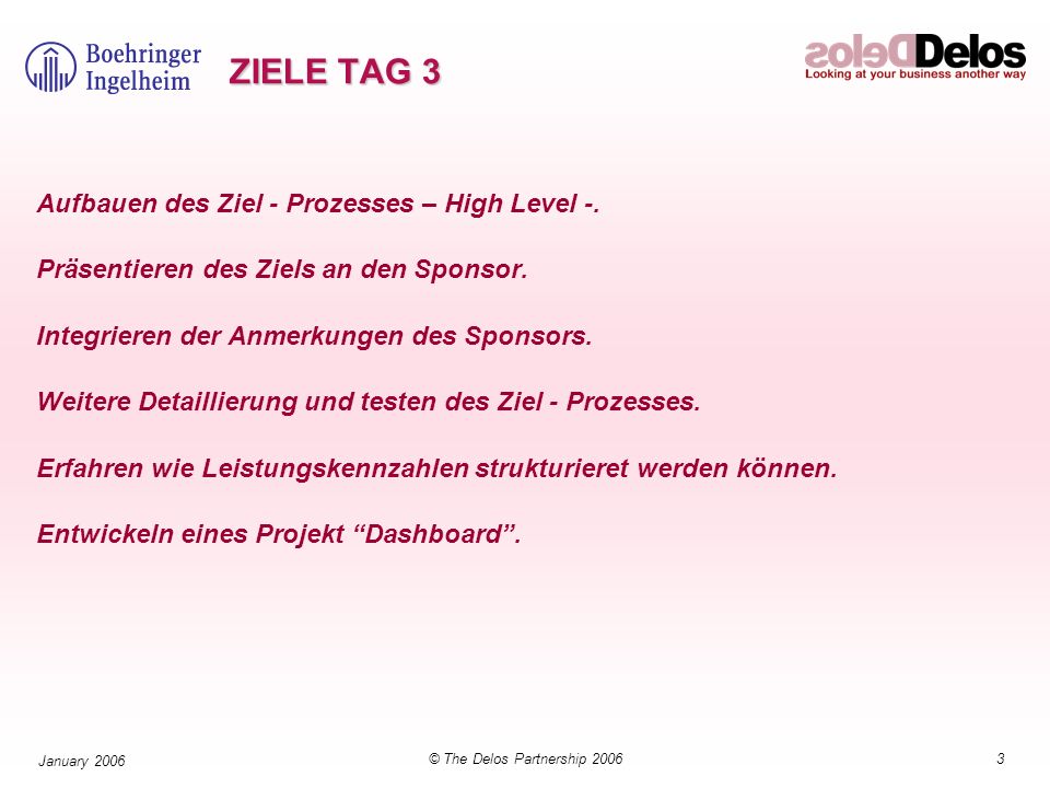 3© The Delos Partnership 2006 January 2006 ZIELE TAG 3 Aufbauen des Ziel - Prozesses – High Level -.