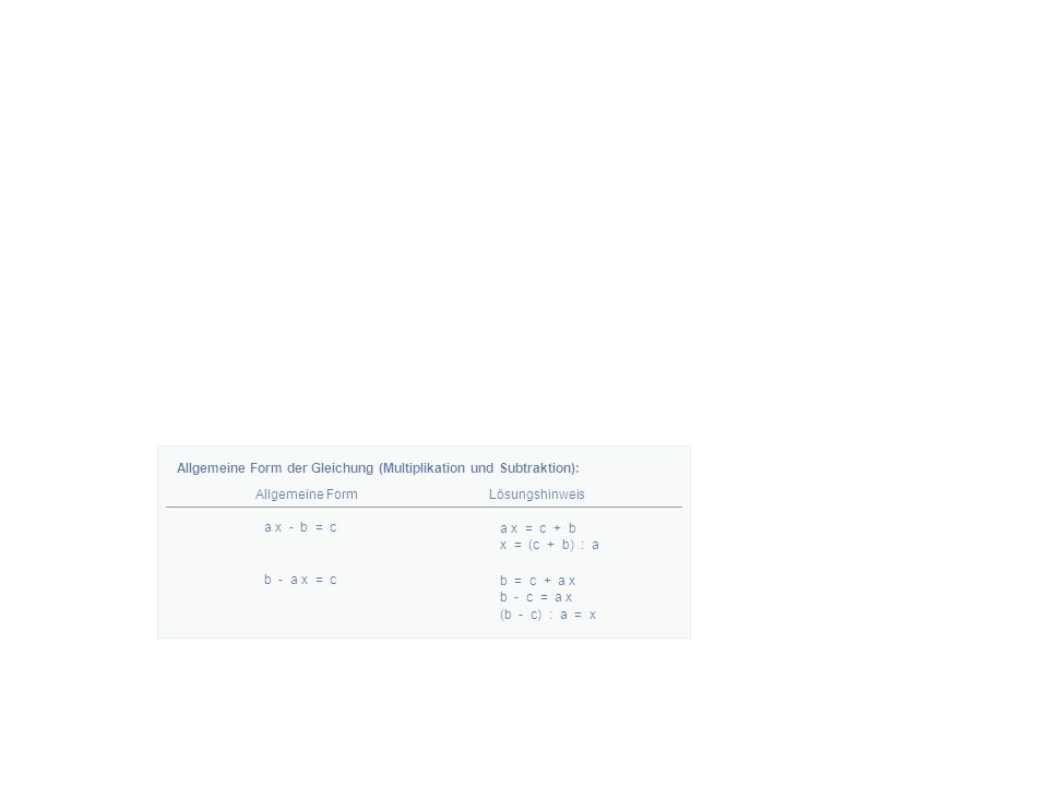 Allgemeine Form der Gleichung (Multiplikation und Subtraktion): Allgemeine FormLösungshinweis a x - b = c a x = c + b x = (c + b) : a b - a x = c b = c + a x b - c = a x (b - c) : a = x