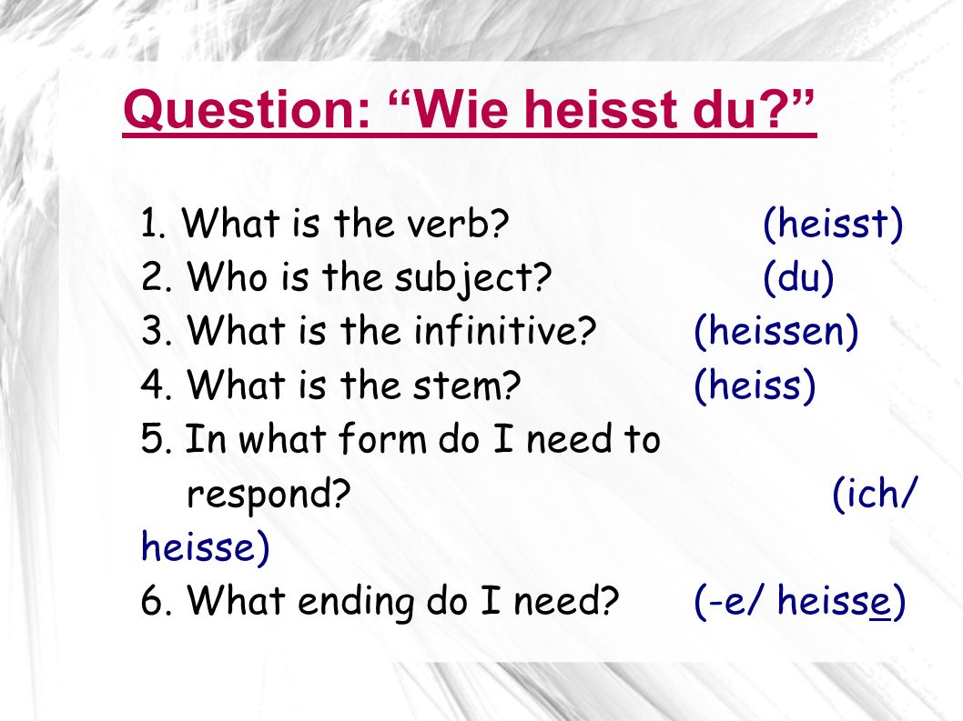 Question: Wie heisst du. 1. What is the verb. (heisst) 2.