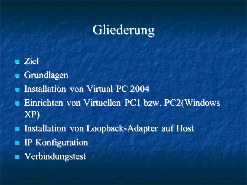 Gliederung Ziel Ziel Grundlagen Grundlagen Installation von Virtual PC 2004 Installation von Virtual PC 2004 Einrichten von Virtuellen PC1 bzw.
