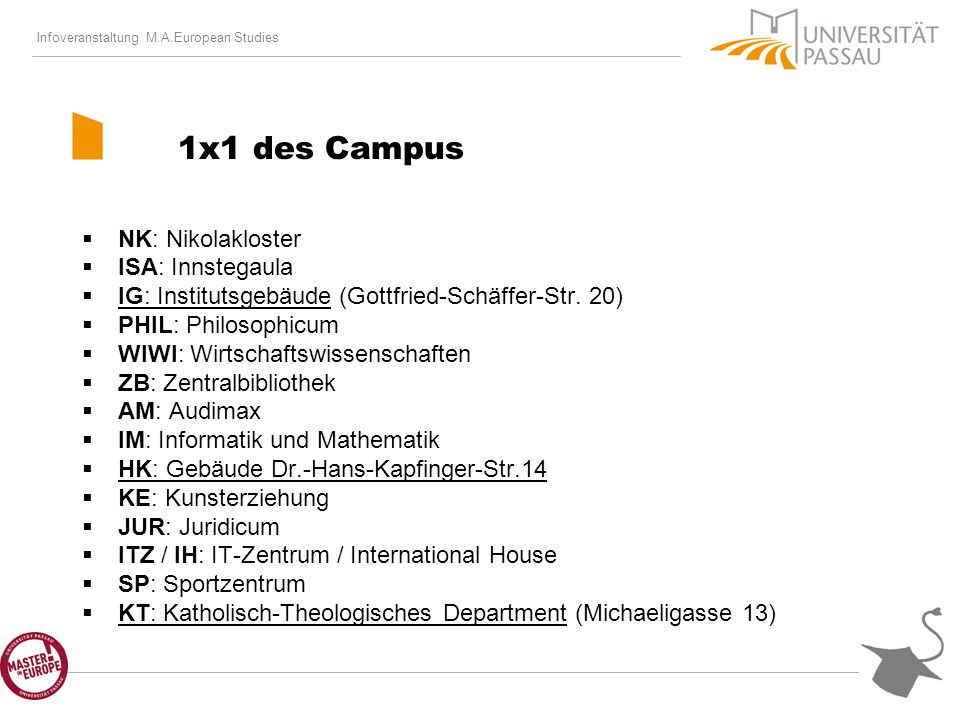 Infoveranstaltung M.A.European Studies 1x1 des Campus NK: Nikolakloster ISA: Innstegaula IG: Institutsgebäude (Gottfried-Schäffer-Str.