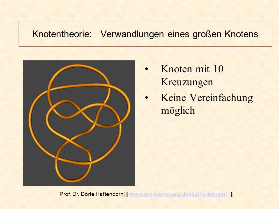 Knotentheorie: Verwandlungen eines großen Knotens Knoten mit 10 Kreuzungen Keine Vereinfachung möglich Prof.