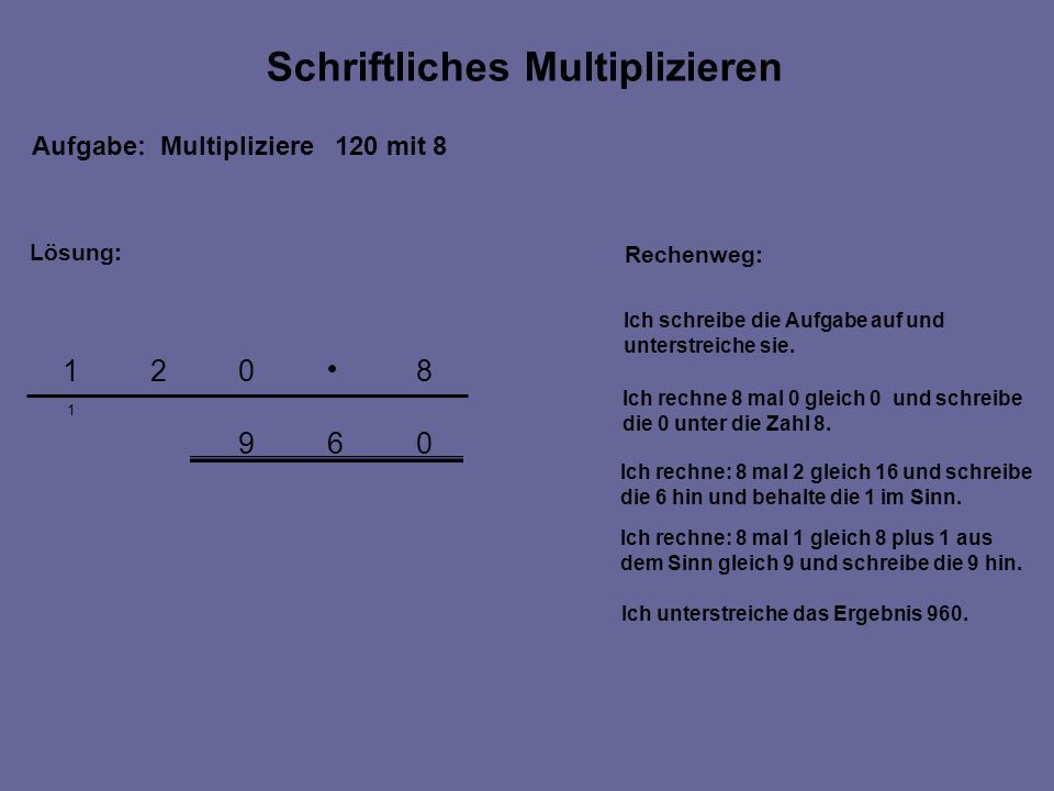 Aufgabe: Multipliziere 120 mit 8 Rechenweg: Ich schreibe die Aufgabe auf und unterstreiche sie.