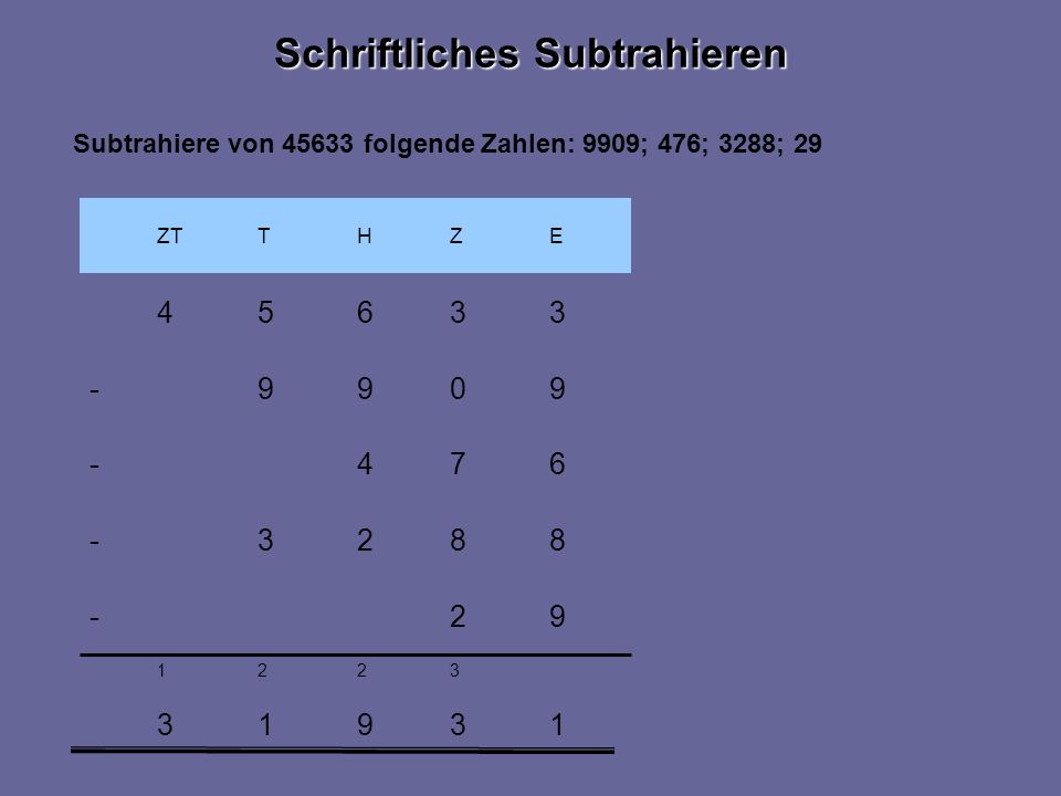 ZTEZHT Subtrahiere von folgende Zahlen: 9909; 476; 3288; 29 Schriftliches Subtrahieren