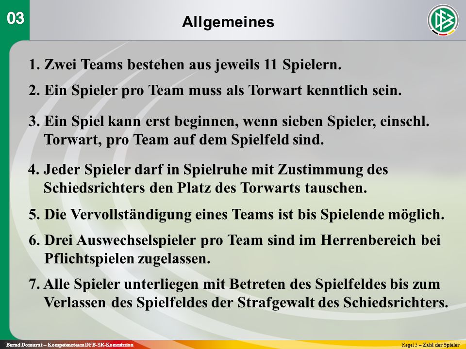 Allgemeines Bernd Domurat – Kompetenzteam DFB-SR-KommissionRegel 3 – Zahl der Spieler 1.