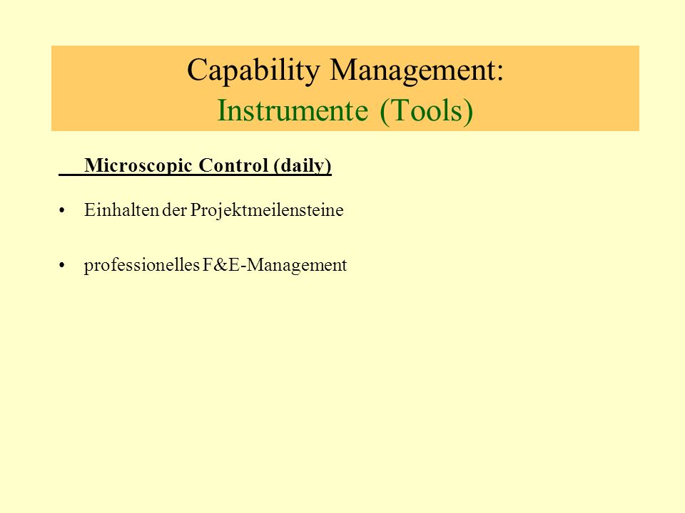 Capability Management: Instrumente (Tools) Microscopic Control (daily) Einhalten der Projektmeilensteine professionelles F&E-Management