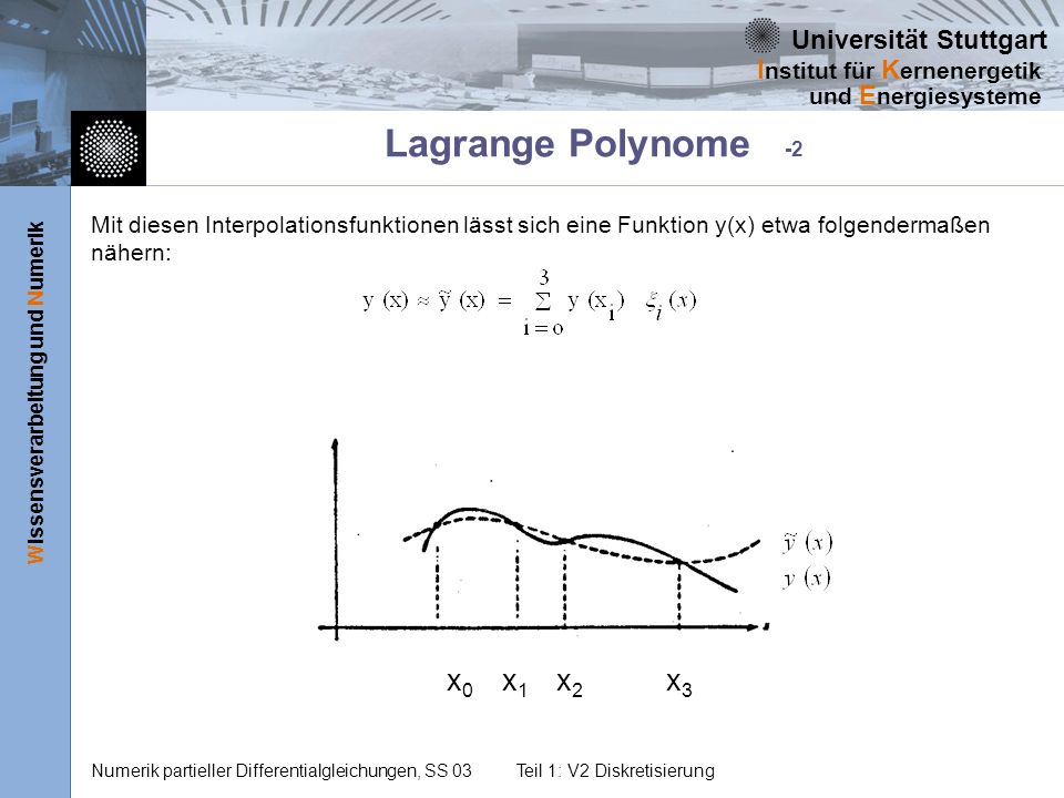 Universität Stuttgart Wissensverarbeitung und Numerik I nstitut für K ernenergetik und E nergiesysteme Numerik partieller Differentialgleichungen, SS 03Teil 1: V2 Diskretisierung Lagrange Polynome -2 Mit diesen Interpolationsfunktionen lässt sich eine Funktion y(x) etwa folgendermaßen nähern: x0x1x2x3x0x1x2x3