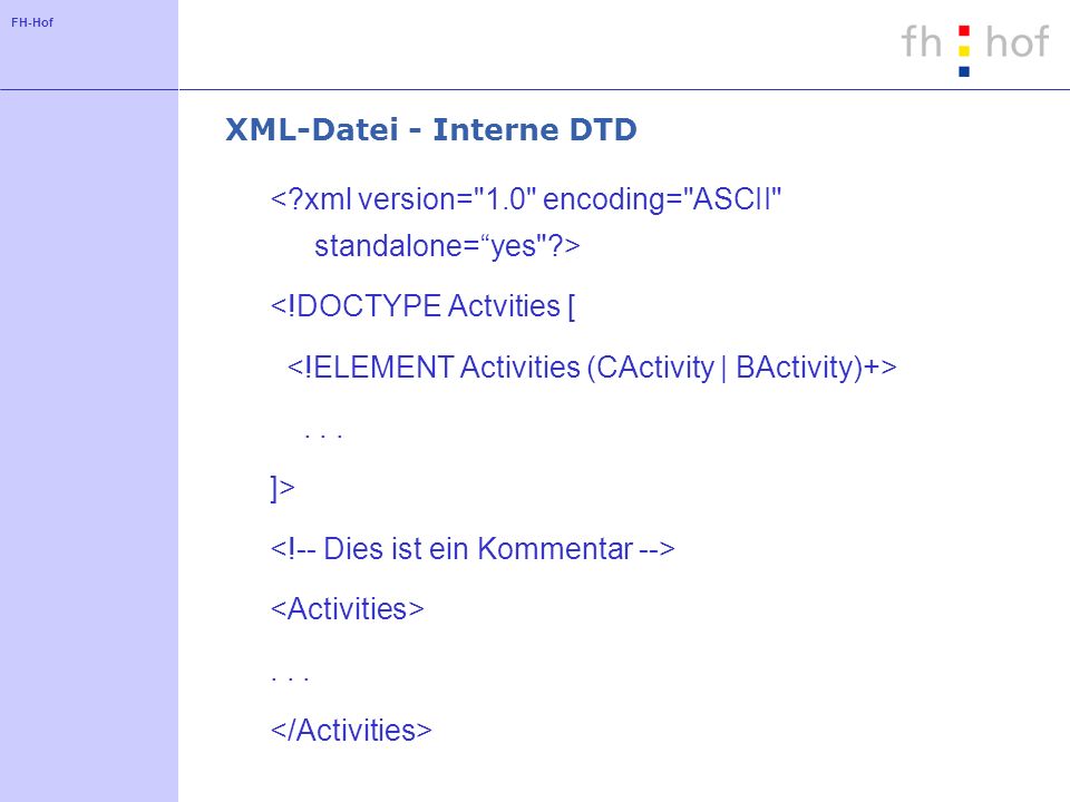 FH-Hof XML-Datei - Interne DTD <!DOCTYPE Actvities [... ]>...