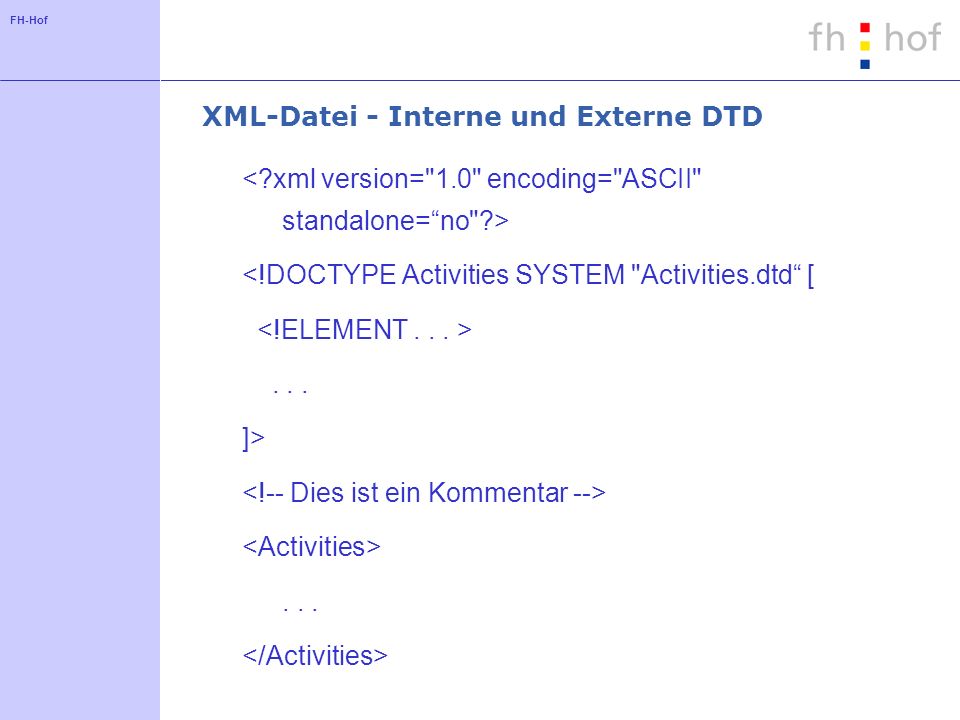 FH-Hof XML-Datei - Interne und Externe DTD <!DOCTYPE Activities SYSTEM Activities.dtd [... ]>...