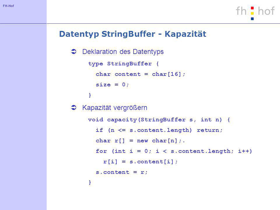 FH-Hof Datentyp StringBuffer - Kapazität Deklaration des Datentyps type StringBuffer { char content = char[16]; size = 0; } Kapazität vergrößern void capacity(StringBuffer s, int n) { if (n <= s.content.length) return; char r[] = new char[n];.